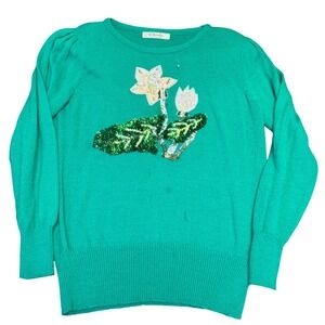 Vintage Sequin Floral Sweater Green Beaded Flower Knit Women's Large